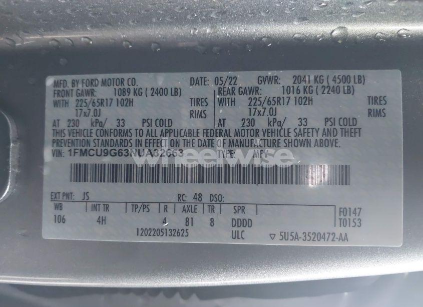 Photo 9 of 2022 Ford Escape SE (VIN 1FMCU9G63NUA32663)