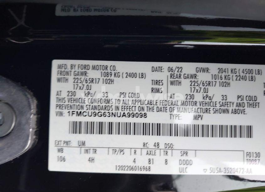 Photo 9 of 2022 Ford Escape SE (VIN 1FMCU9G63NUA99098)