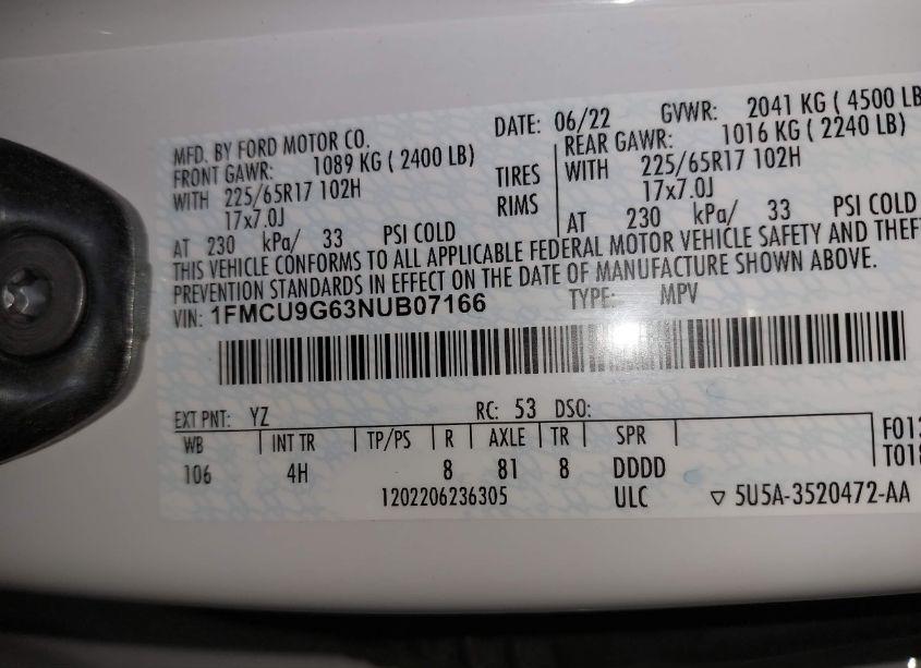 Photo 9 of 2022 Ford Escape SE (VIN 1FMCU9G63NUB07166)