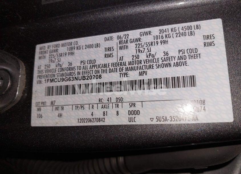 Photo 9 of 2022 Ford Escape SE (VIN 1FMCU9G63NUB20208)