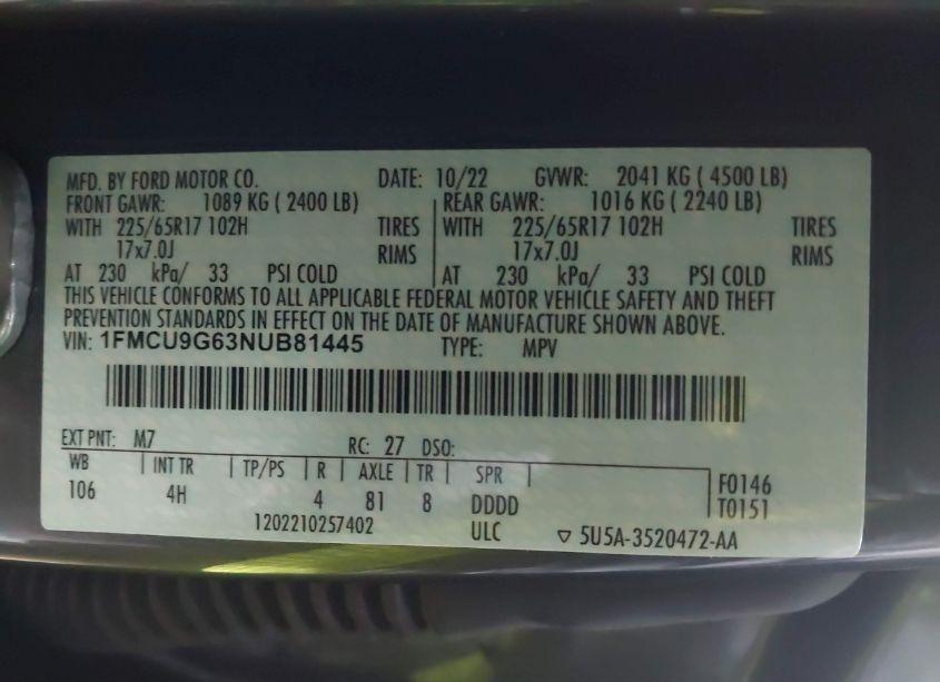 Photo 9 of 2022 Ford Escape SE (VIN 1FMCU9G63NUB81445)