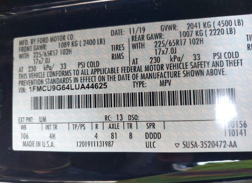 Photo 9 of 2020 Ford Escape SE (VIN 1FMCU9G64LUA44625)