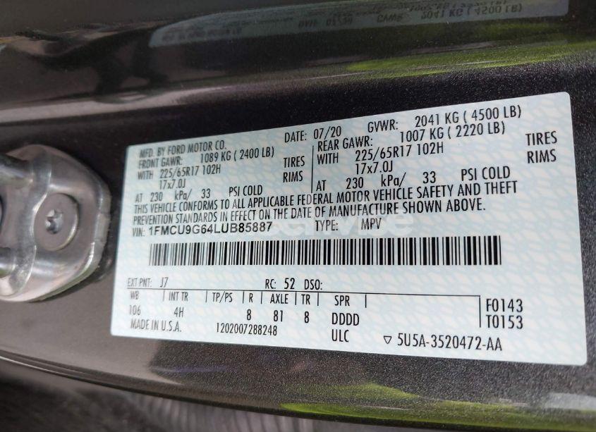 Photo 9 of 2020 Ford Escape SE (VIN 1FMCU9G64LUB85887)