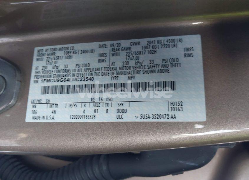 Photo 9 of 2020 Ford Escape SE (VIN 1FMCU9G64LUC23540)