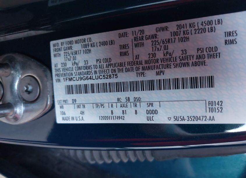 Photo 9 of 2020 Ford Escape SE (VIN 1FMCU9G64LUC52875)