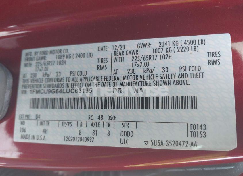 Photo 9 of 2020 Ford Escape SE (VIN 1FMCU9G64LUC63195)