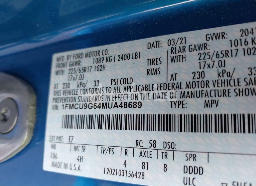 Photo 9 of 2021 Ford Escape SE (VIN 1FMCU9G64MUA48689)