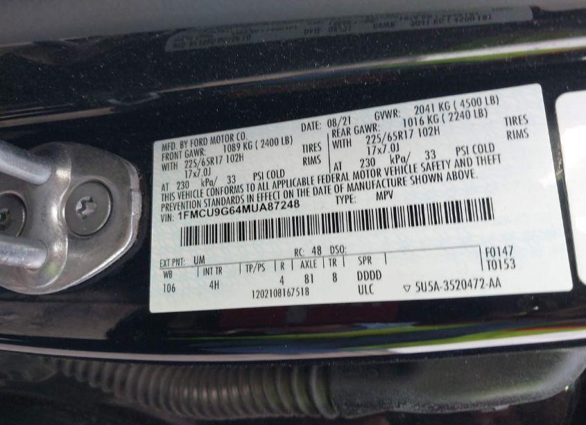 Photo 9 of 2021 Ford Escape SE (VIN 1FMCU9G64MUA87248)