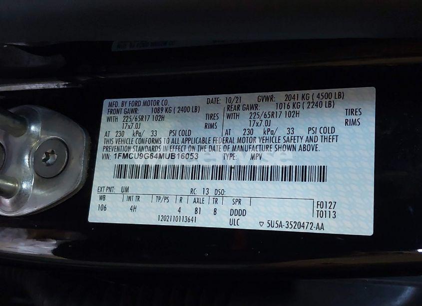 Photo 9 of 2021 Ford Escape SE (VIN 1FMCU9G64MUB16053)