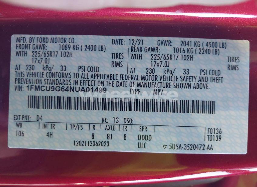 Photo 9 of 2022 Ford Escape SE (VIN 1FMCU9G64NUA01499)