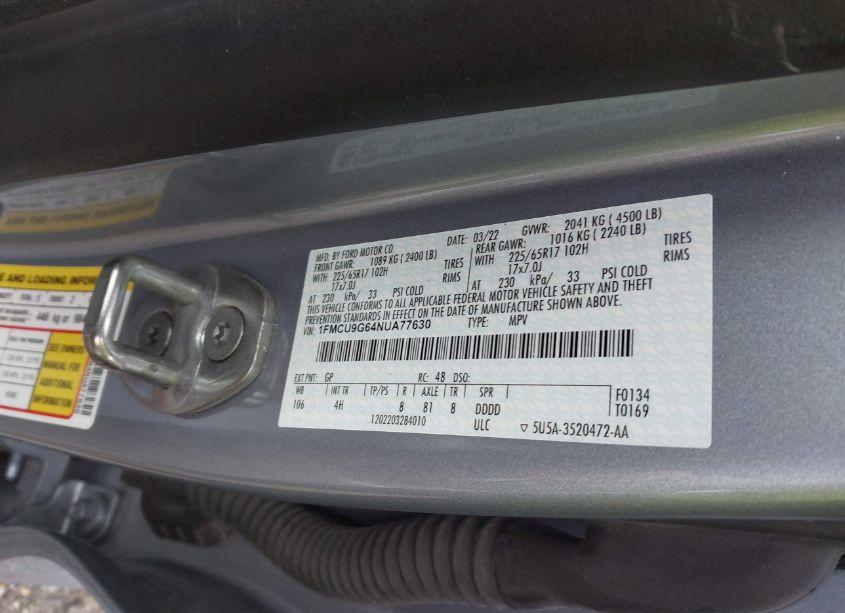 Photo 9 of 2022 Ford Escape SE (VIN 1FMCU9G64NUA77630)