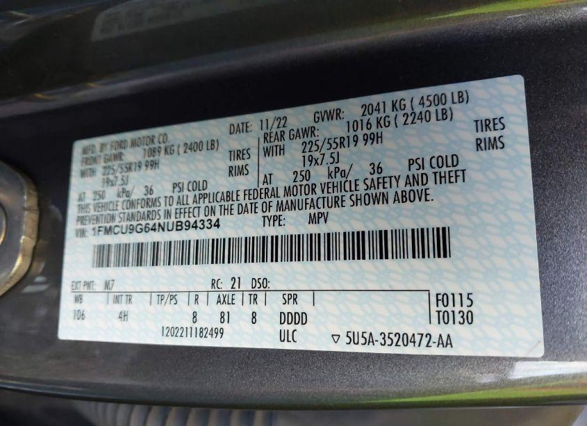 Photo 9 of 2022 Ford Escape SE (VIN 1FMCU9G64NUB94334)