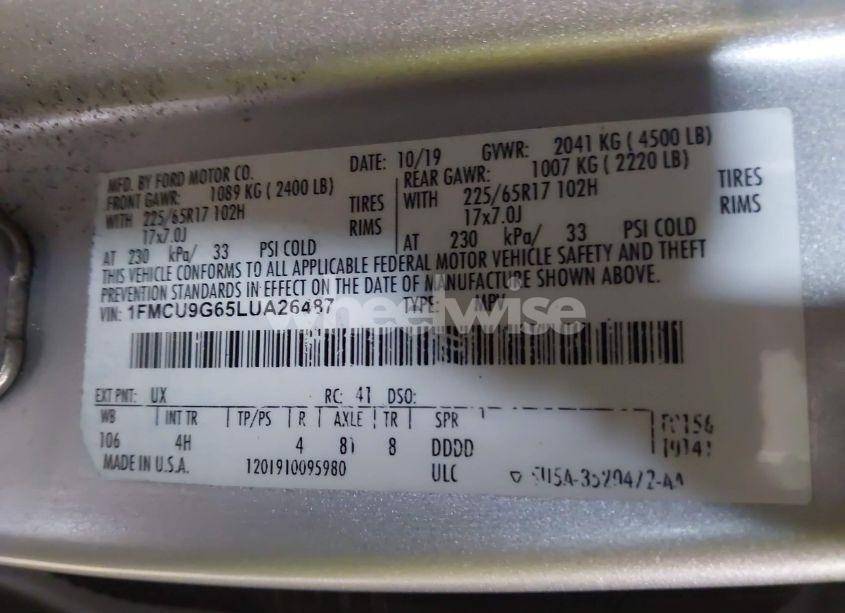 Photo 9 of 2020 Ford Escape SE (VIN 1FMCU9G65LUA26487)