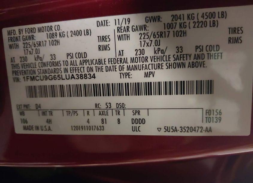 Photo 9 of 2020 Ford Escape SE (VIN 1FMCU9G65LUA38834)