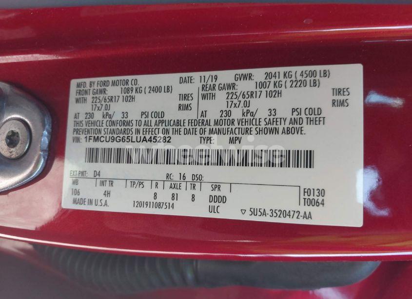 Photo 9 of 2020 Ford Escape SE (VIN 1FMCU9G65LUA45282)