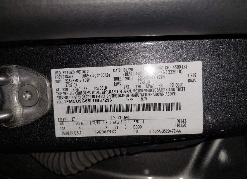 Photo 9 of 2020 Ford Escape SE (VIN 1FMCU9G65LUB37296)