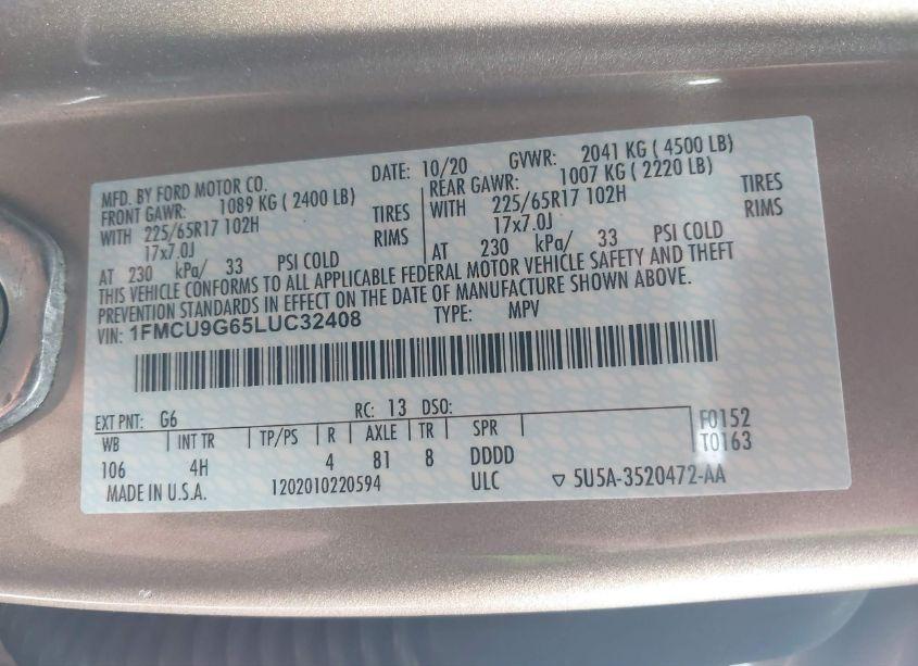 Photo 9 of 2020 Ford Escape SE (VIN 1FMCU9G65LUC32408)