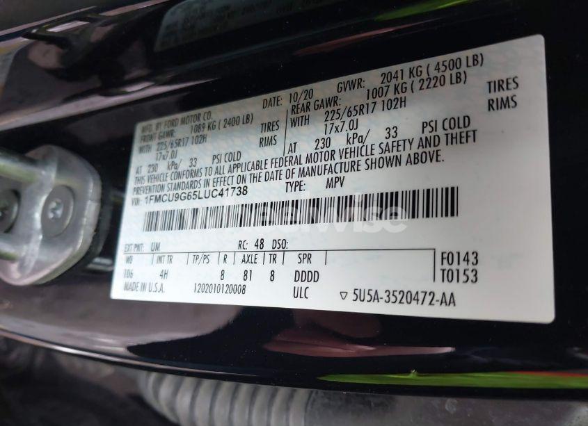 Photo 9 of 2020 Ford Escape SE (VIN 1FMCU9G65LUC41738)