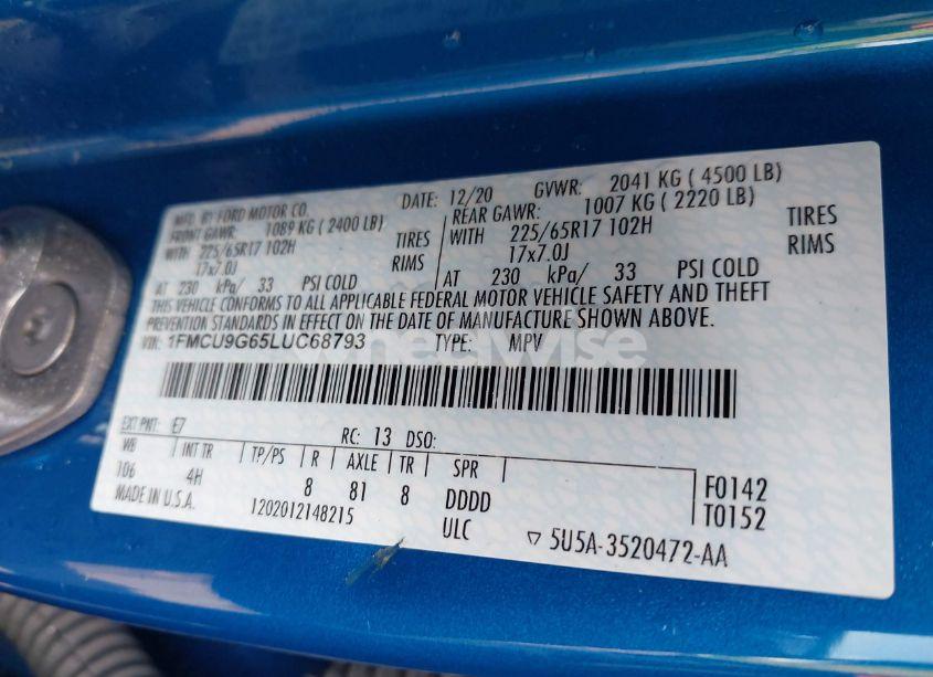 Photo 9 of 2020 Ford Escape SE (VIN 1FMCU9G65LUC68793)