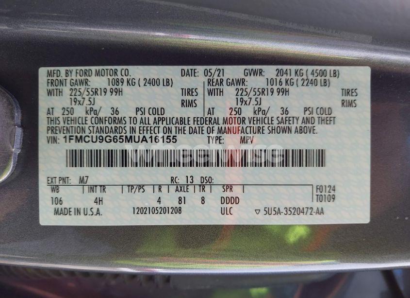 Photo 9 of 2021 Ford Escape SE (VIN 1FMCU9G65MUA16155)