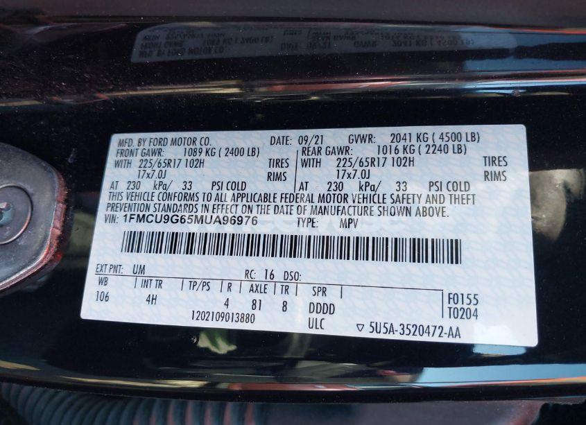 Photo 9 of 2021 Ford Escape SE (VIN 1FMCU9G65MUA96976)