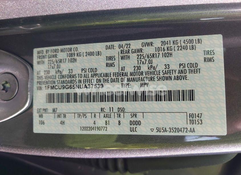 Photo 9 of 2022 Ford Escape SE (VIN 1FMCU9G65NUA37539)