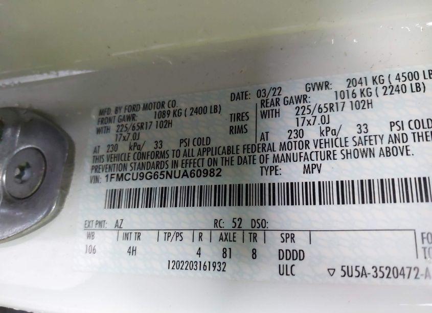 Photo 9 of 2022 Ford Escape SE (VIN 1FMCU9G65NUA60982)