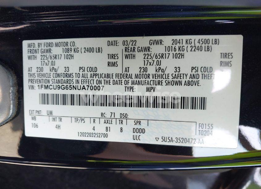 Photo 9 of 2022 Ford Escape SE (VIN 1FMCU9G65NUA70007)