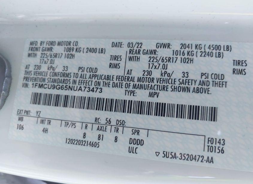 Photo 9 of 2022 Ford Escape SE (VIN 1FMCU9G65NUA73473)