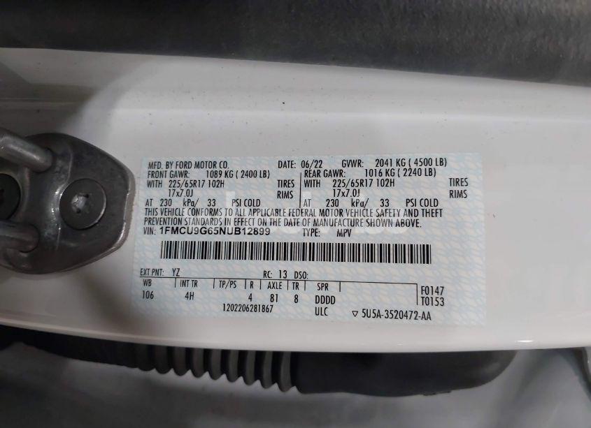 Photo 9 of 2022 Ford Escape SE (VIN 1FMCU9G65NUB12899)