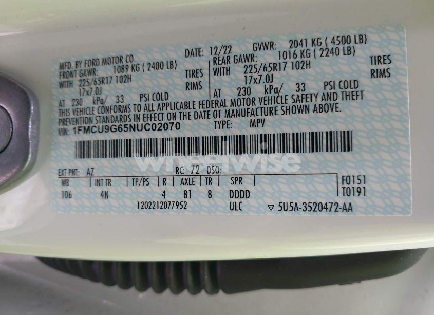 Photo 9 of 2022 Ford Escape SE (VIN 1FMCU9G65NUC02070)