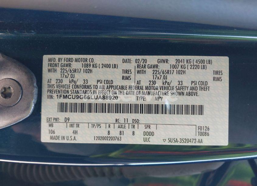 Photo 9 of 2020 Ford Escape SE (VIN 1FMCU9G66LUA88920)