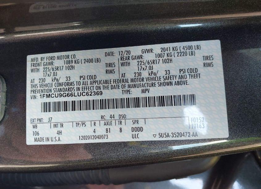 Photo 9 of 2020 Ford Escape SE (VIN 1FMCU9G66LUC62369)