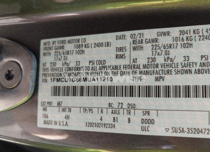 Photo 9 of 2021 Ford Escape SE (VIN 1FMCU9G66MUA11210)