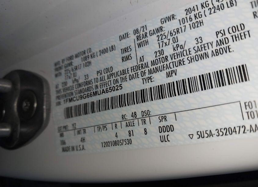 Photo 9 of 2021 Ford Escape SE (VIN 1FMCU9G66MUA65025)