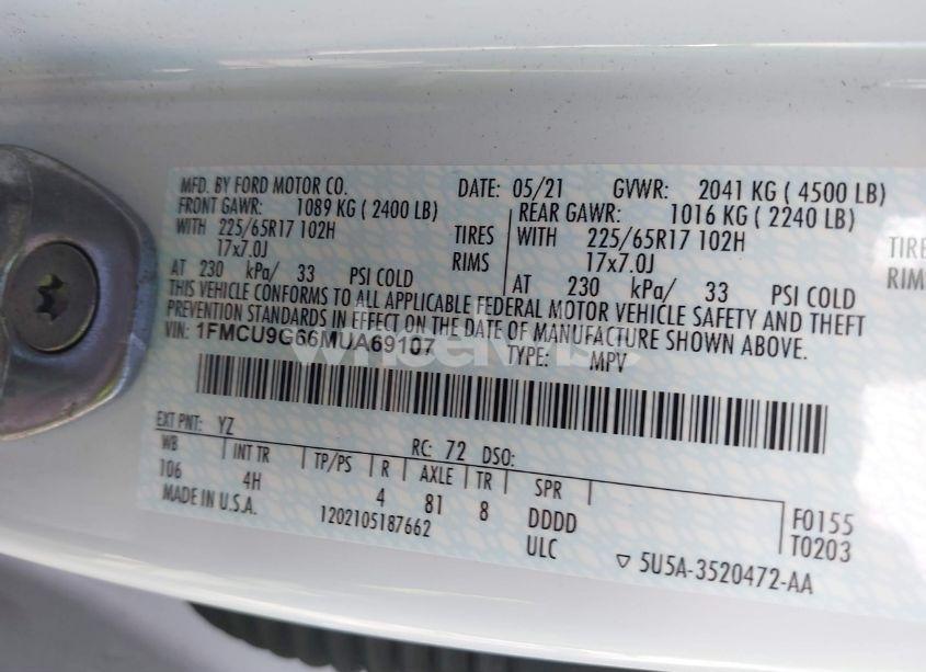 Photo 9 of 2021 Ford Escape SE (VIN 1FMCU9G66MUA69107)