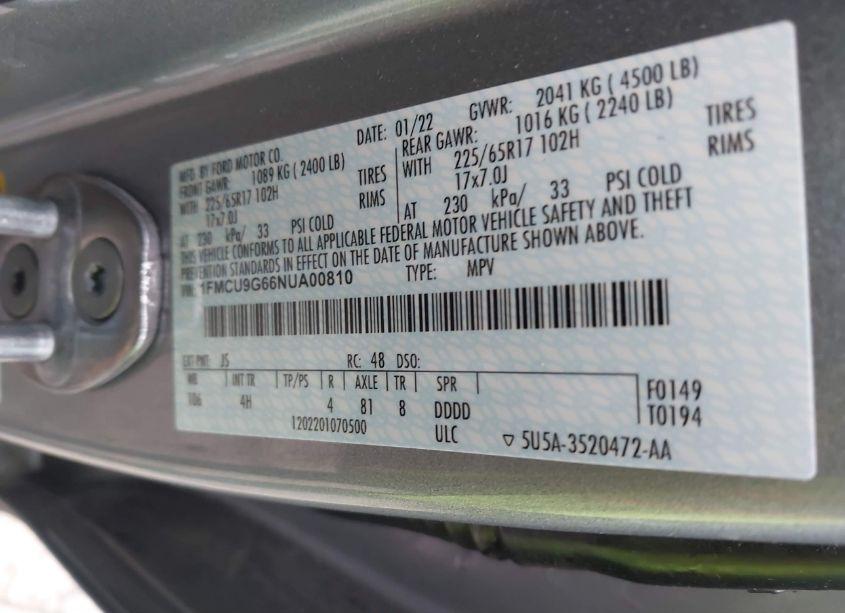 Photo 9 of 2022 Ford Escape SE (VIN 1FMCU9G66NUA00810)