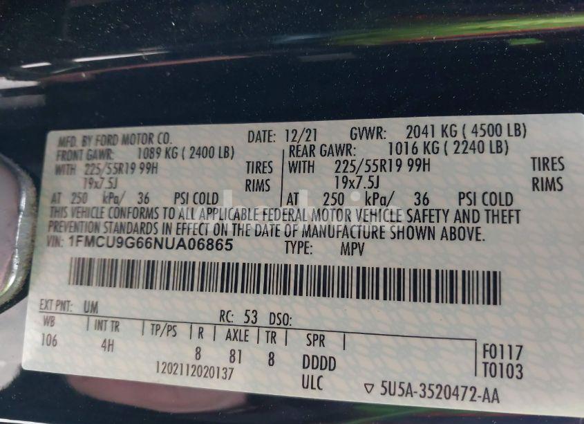 Photo 9 of 2022 Ford Escape SE (VIN 1FMCU9G66NUA06865)