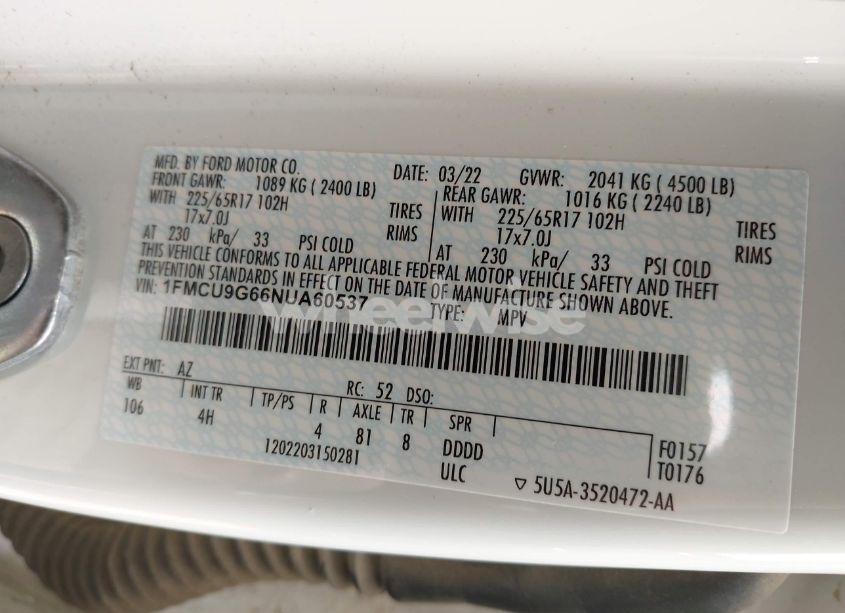 Photo 9 of 2022 Ford Escape SE (VIN 1FMCU9G66NUA60537)