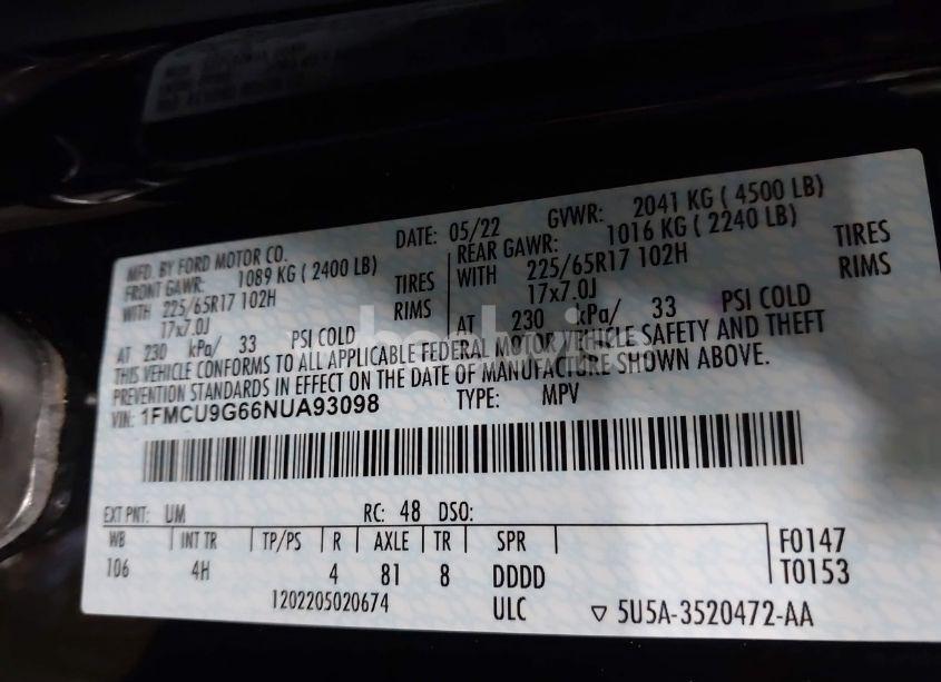 Photo 9 of 2022 Ford Escape SE (VIN 1FMCU9G66NUA93098)