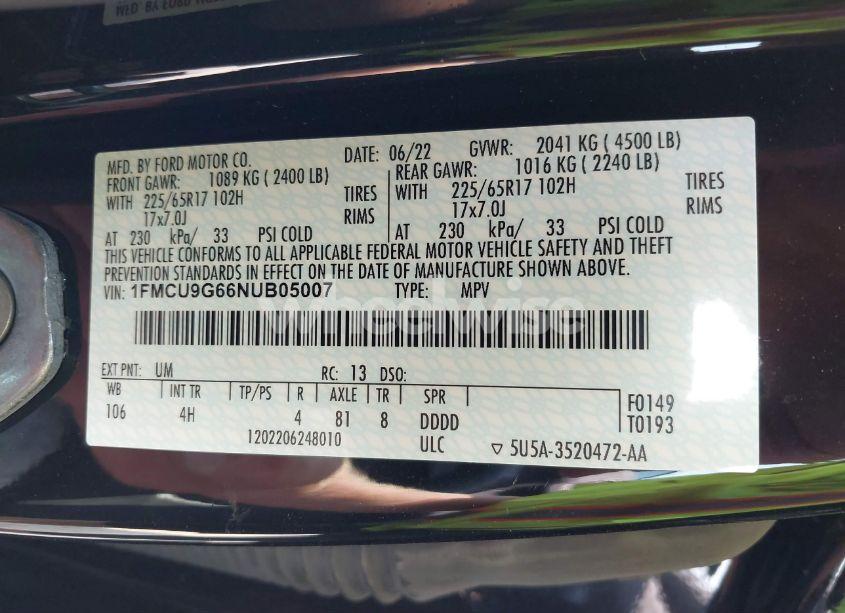 Photo 9 of 2022 Ford Escape SE (VIN 1FMCU9G66NUB05007)