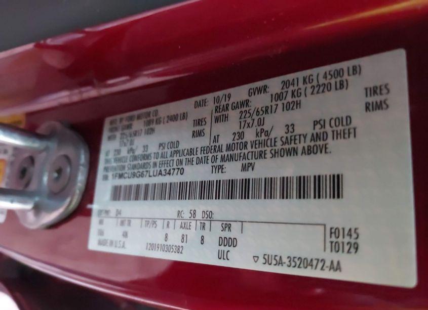 Photo 9 of 2020 Ford Escape SE (VIN 1FMCU9G67LUA34770)