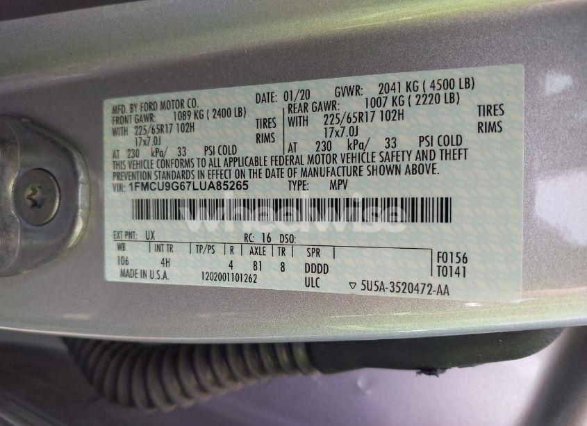 Photo 9 of 2020 Ford Escape SE (VIN 1FMCU9G67LUA85265)