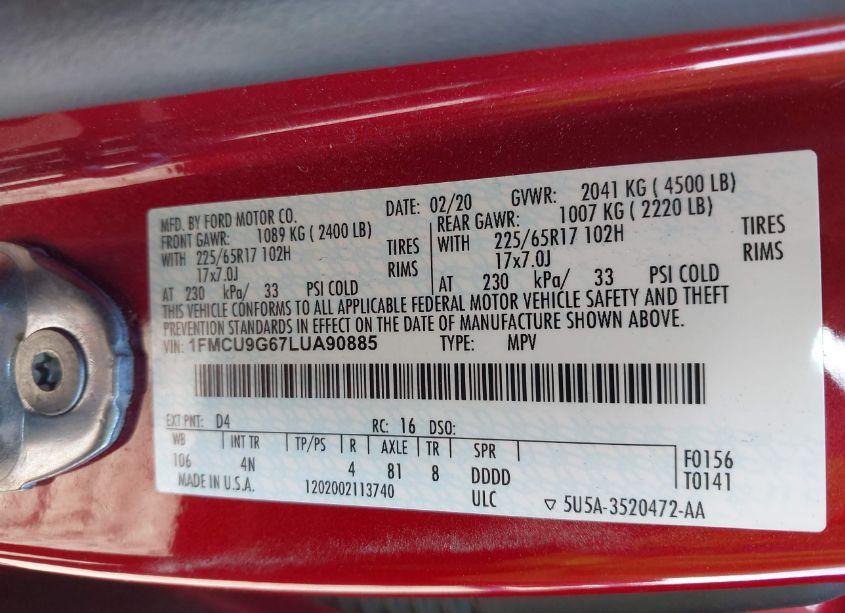 Photo 9 of 2020 Ford Escape SE (VIN 1FMCU9G67LUA90885)