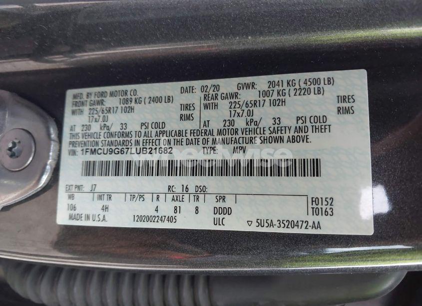 Photo 9 of 2020 Ford Escape SE (VIN 1FMCU9G67LUB21682)