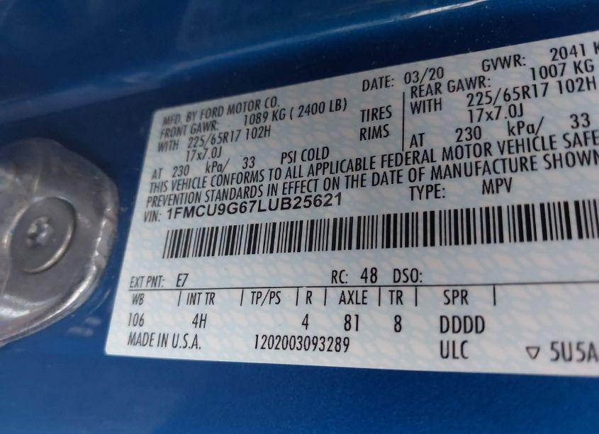 Photo 9 of 2020 Ford Escape SE (VIN 1FMCU9G67LUB25621)