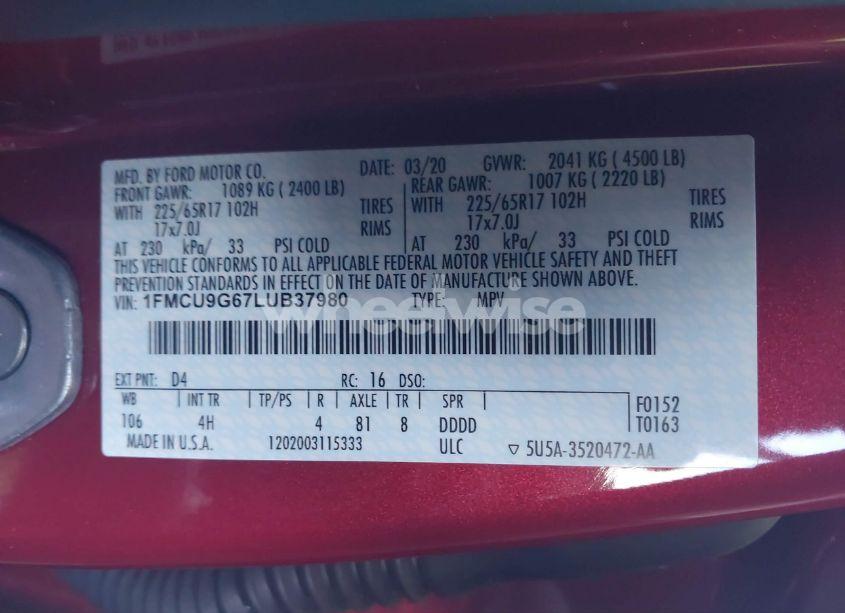 Photo 9 of 2020 Ford Escape SE (VIN 1FMCU9G67LUB37980)