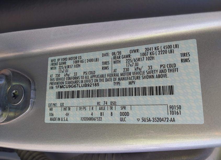 Photo 9 of 2020 Ford Escape SE (VIN 1FMCU9G67LUB92185)