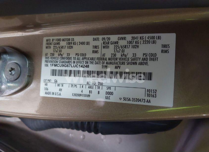 Photo 9 of 2020 Ford Escape SE (VIN 1FMCU9G67LUC14248)