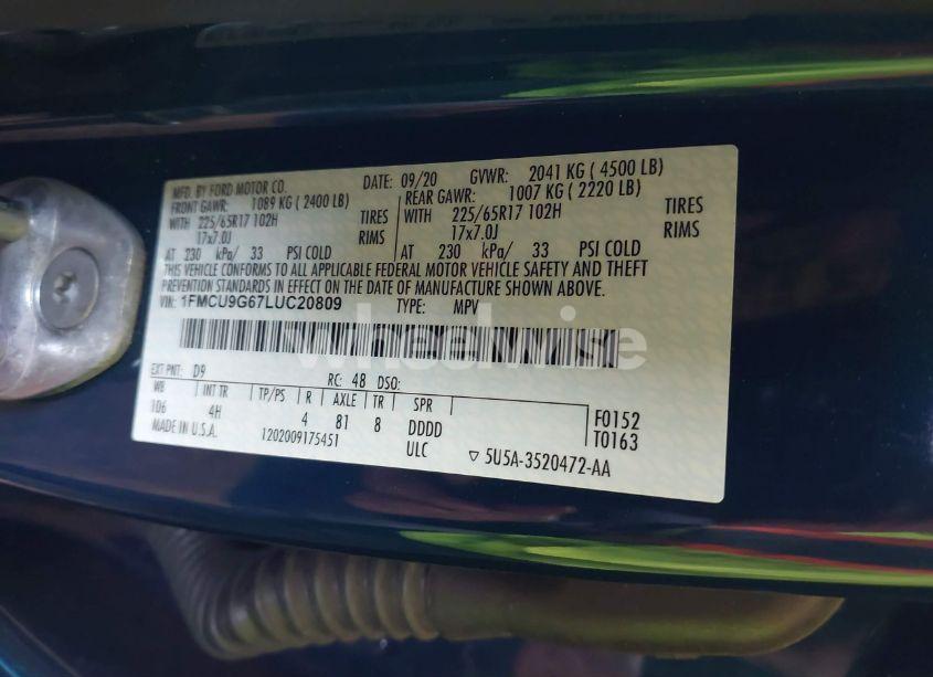 Photo 9 of 2020 Ford Escape SE (VIN 1FMCU9G67LUC20809)